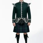 Black Watch Tartan Doublet Kilt Outfit with Dark Green Jacket Front