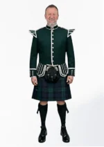 Black Watch Tartan Doublet Kilt Outfit with Dark Green Jacket Front