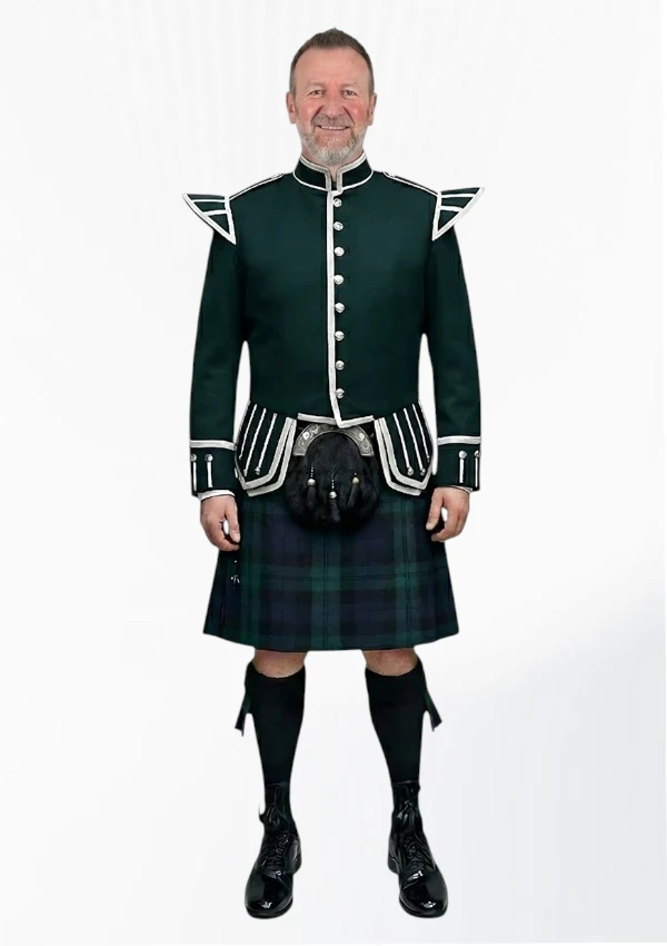 Black Watch Tartan Doublet Kilt Outfit with Dark Green Jacket Front