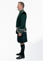 Black Watch Tartan Doublet Kilt Outfit with Dark Green Jacket Left Side