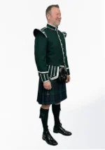 Black Watch Tartan Doublet Kilt Outfit with Dark Green Jacket Right Side