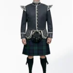 Black Watch Tartan Doublet Kilt Outfit with Dark Grey Jacket Front