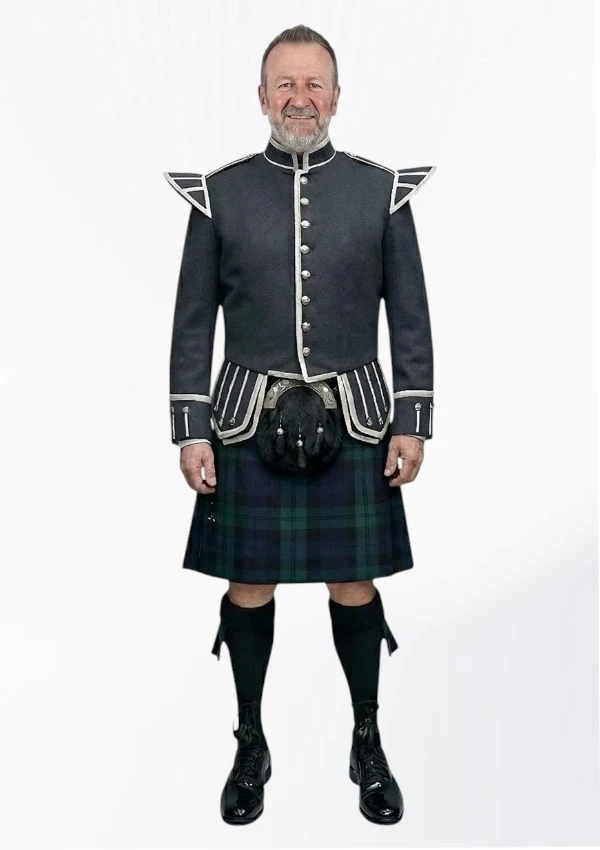 Black Watch Tartan Doublet Kilt Outfit with Dark Grey Jacket Front
