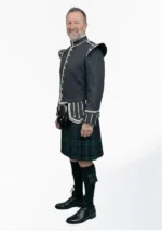 Black Watch Tartan Doublet Kilt Outfit with Dark Grey Jacket Right Side