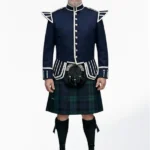 Black Watch Tartan Doublet Kilt Outfit with Navy Blue Jacket Front