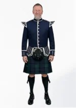 Black Watch Tartan Doublet Kilt Outfit with Navy Blue Jacket Front