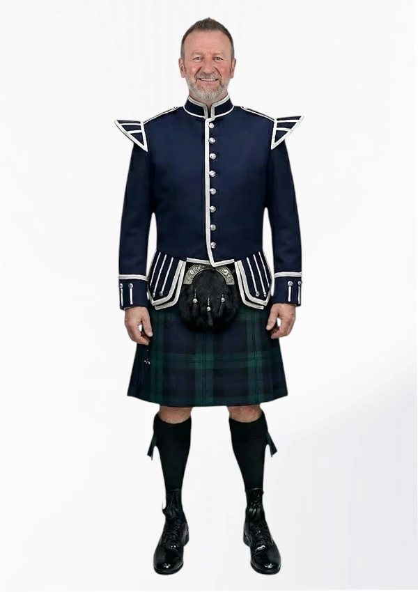 Black Watch Tartan Doublet Kilt Outfit with Navy Blue Jacket Front