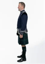 Black Watch Tartan Doublet Kilt Outfit with Navy Blue Jacket Left Side