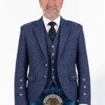 Blue Tweed Argyle Kilt Jacket With Vest Front View
