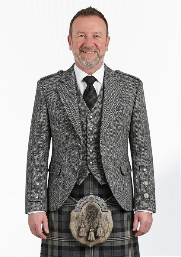 Casual Light Grey Tweed Argyle Kilt Jacket With Vest Front View