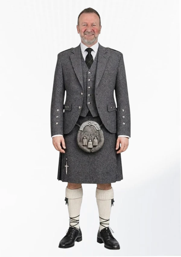 Charcoal Herringbone Tweed Kilt With Charcoal Herringbone Tweed Argyle Jacket Kilt Outfit Front
