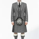 Dark Grey Herringbone Tweed Kilt with Dark Grey Herringbone Tweed Argyle Jacket Outfit Front