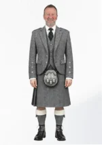 Dark Grey Herringbone Tweed Kilt with Dark Grey Herringbone Tweed Argyle Jacket Outfit Front