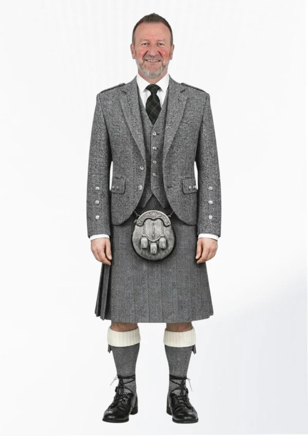Dark Grey Herringbone Tweed Kilt with Dark Grey Herringbone Tweed Argyle Jacket Outfit Front