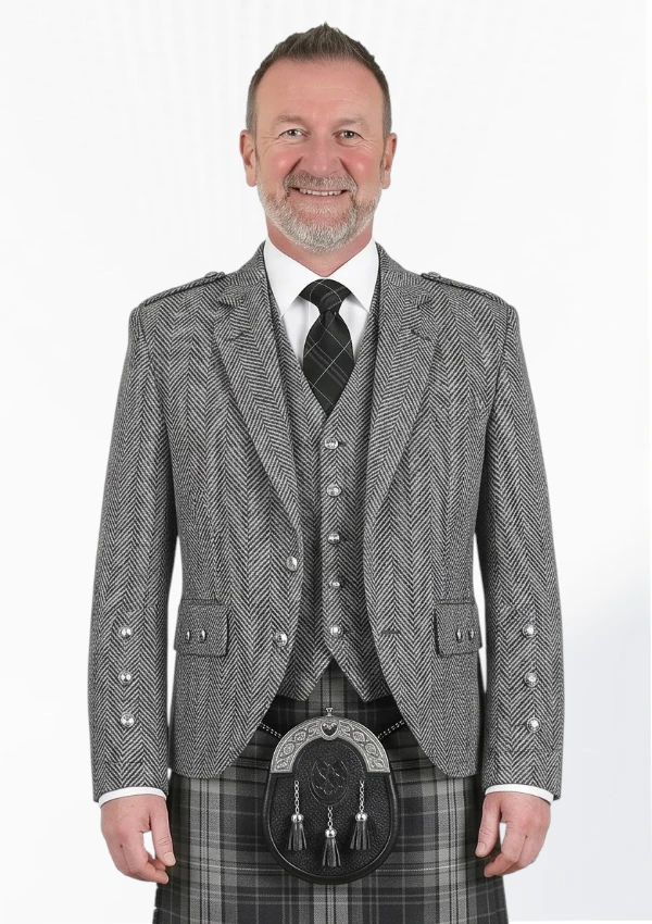 Dark Grey Tweed Argyle Kilt Jacket With Vest Front View