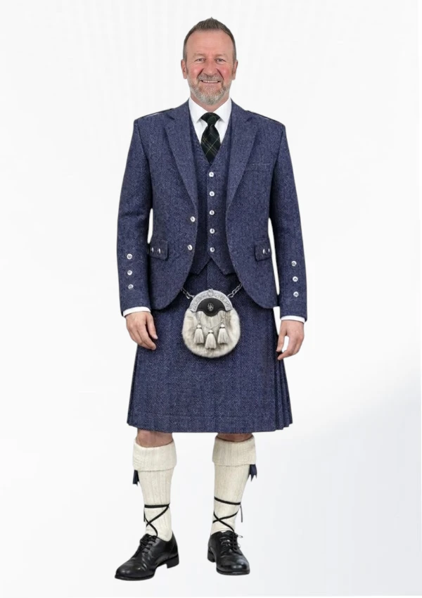 Dark Navy Blue Tweed Kilt with Dark Navy Blue Tweed Argyle Jacket Kilt Outfit Front
