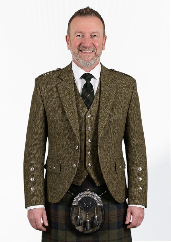 Dark Olive Green Tweed Argyle Jacket Front View