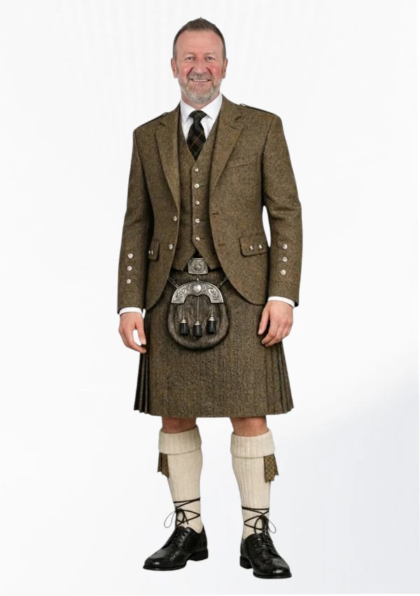 Dark Olive Green Tweed Kilt With Dark Olive Green Tweed Argyle Jacket kilt Outfit Front