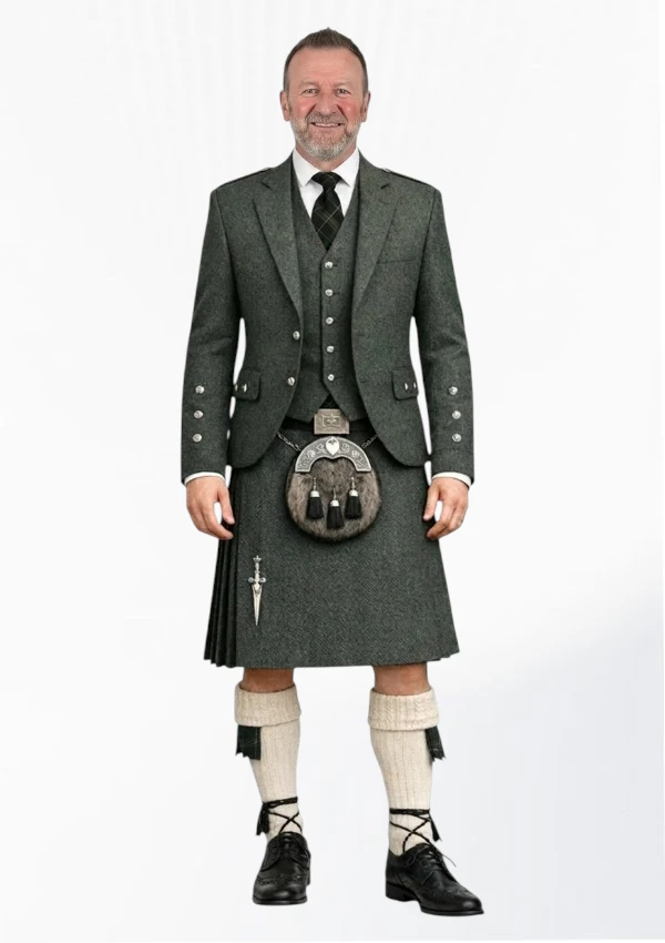 Dark Teal Blue & Green Tweed Kilt with Dark Teal Blue & Green Tweed Argyle Jacket Kilt Outfit Front