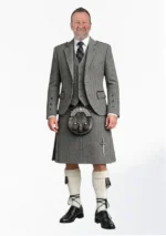 Grey Herringbone Tweed Kilt with Grey Herringbone Tweed Argyle Jacket Kilt Outfit Front