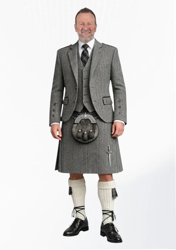 Grey Herringbone Tweed Kilt with Grey Herringbone Tweed Argyle Jacket Kilt Outfit Front