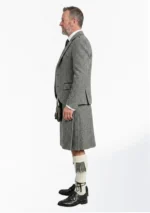 Grey Herringbone Tweed Kilt with Grey Herringbone Tweed Argyle Jacket Kilt Outfit Left Side