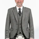 Grey Tweed Argyle Kilt Jacket With Vest Front View