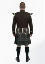 Grey Watch Tartan Doublet Kilt Outfit with Dark Brown Jacket Back