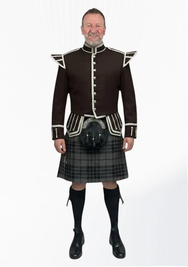 Grey Watch Tartan Doublet Kilt Outfit with Dark Brown Jacket Front Grey Watch Tartan Doublet Kilt Outfit with Dark Brown Jacket Front