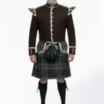 Grey Watch Tartan Doublet Kilt Outfit with Dark Brown Jacket Front
