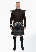 Grey Watch Tartan Doublet Kilt Outfit with Dark Brown Jacket Front