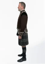 Grey Watch Tartan Doublet Kilt Outfit with Dark Brown Jacket Left Side