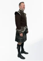 Grey Watch Tartan Doublet Kilt Outfit with Dark Brown Jacket Right Side