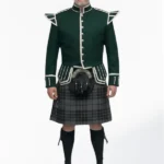 Grey Watch Tartan Doublet Kilt Outfit with Dark Green Jacket Front