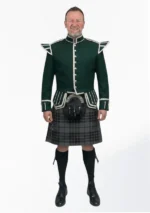 Grey Watch Tartan Doublet Kilt Outfit with Dark Green Jacket Front