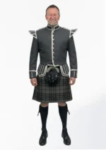 Grey Watch Tartan Doublet Kilt Outfit with Dark Grey Jacket Front