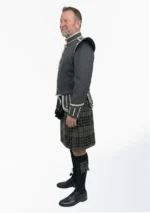 Grey Watch Tartan Doublet Kilt Outfit with Dark Grey Jacket Left Side