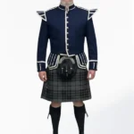 Grey Watch Tartan Doublet Kilt Outfit with Navy Blue Jacket Front