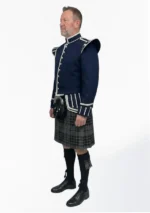 Grey Watch Tartan Doublet Kilt Outfit with Navy Blue Jacket Left Side