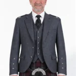 Grey Wool Argyle Kilt Jacket With Vest Front View