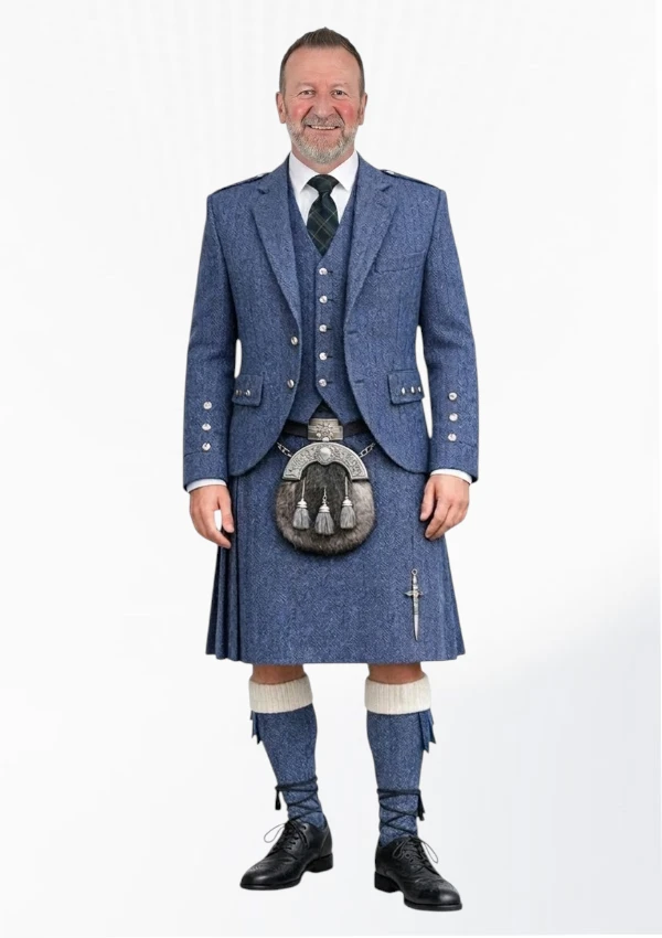 Indigo Blue Tweed Kilt With Indigo Blue Tweed Argyle Jacket Kilt Outfit Front