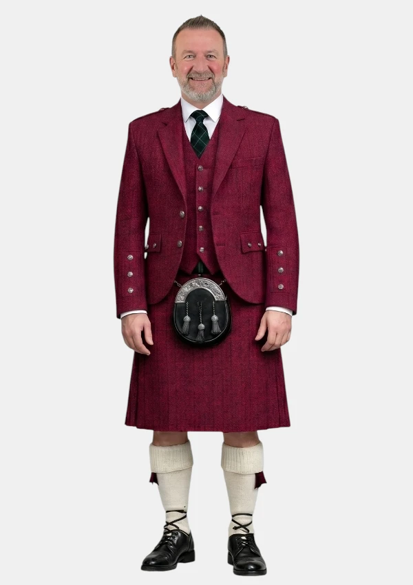 Irish Lambswool Donegal Tweed Brushed Kilt With Irish Lambswool Donegal Tweed Brushed Argyle Jacket Kilt Outfit Front View