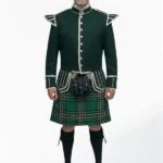 Irish National Tartan Doublet Kilt Outfit with Dark Green Jacket Front