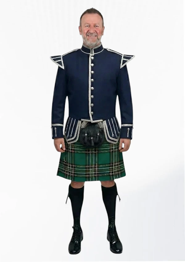 Irish National Tartan Doublet Kilt Outfit with Navy Blue Jacket Front