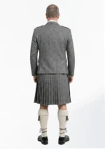 Light Grey Herringbone Tweed Kilt with Light Grey Herringbone Tweed Argyle Jacket Outfit Back