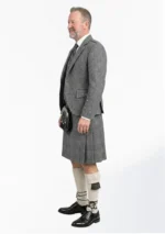 Light Grey Herringbone Tweed Kilt with Light Grey Herringbone Tweed Argyle Jacket Outfit Left Side
