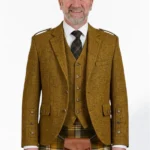 Mustard Yellow Tweed Argyle Kilt Jacket With Vest Front View