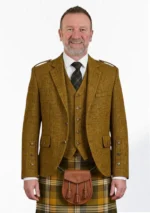 Mustard Yellow Tweed Argyle Kilt Jacket With Vest Front View