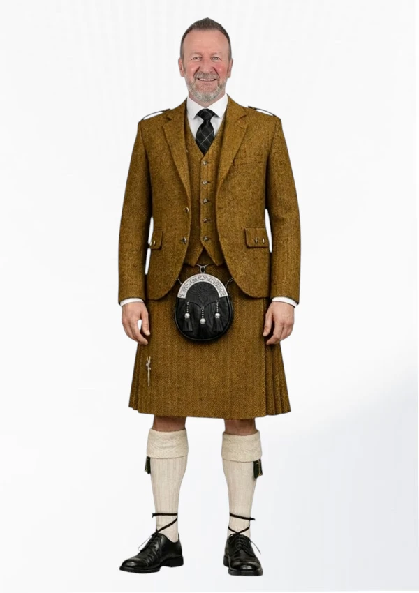 Mustard Yellow Tweed Kilt With Mustard Yellow Tweed Argyle Jacket Kilt Outfit Front