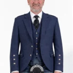 Navy Blue Wool Argyle Kilt Jacket With Vest Front View